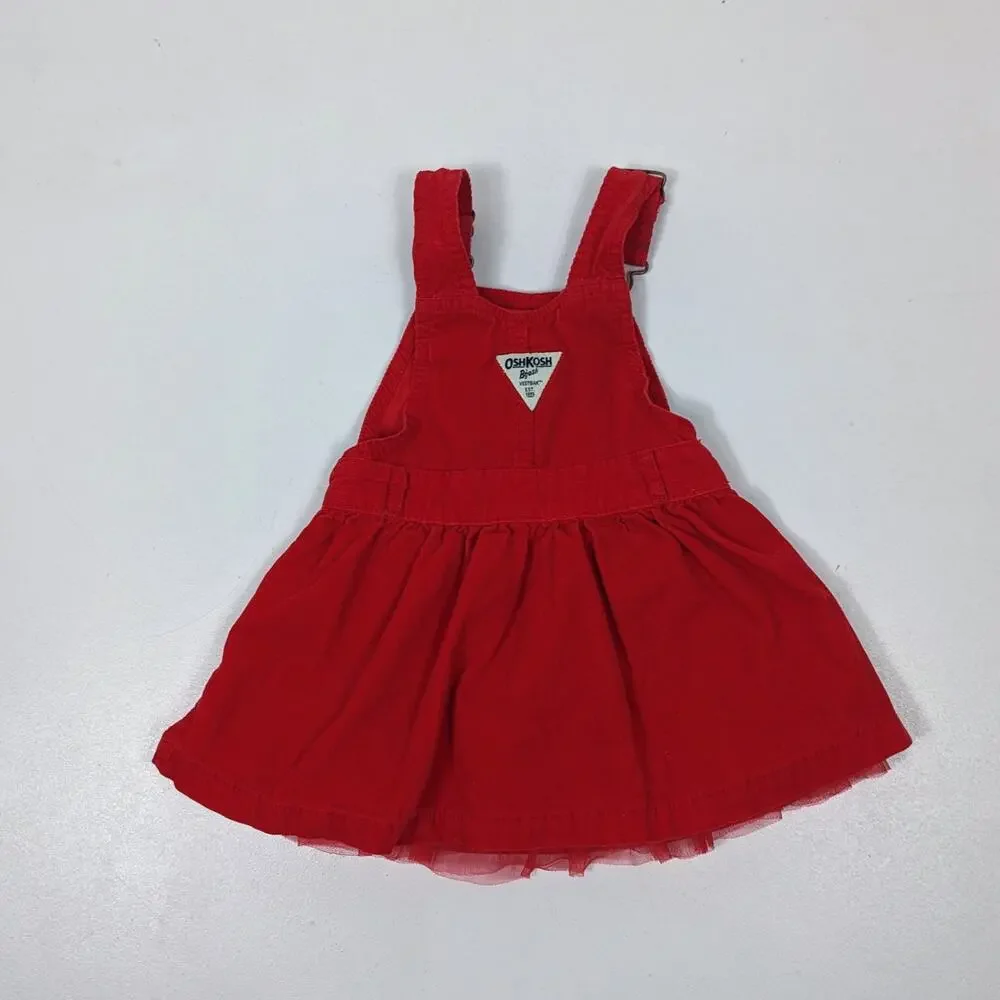 Oshkosh Bgosh Skirtall Girls Size 2T Red Corduroy Flower Tulle Overalls Dress